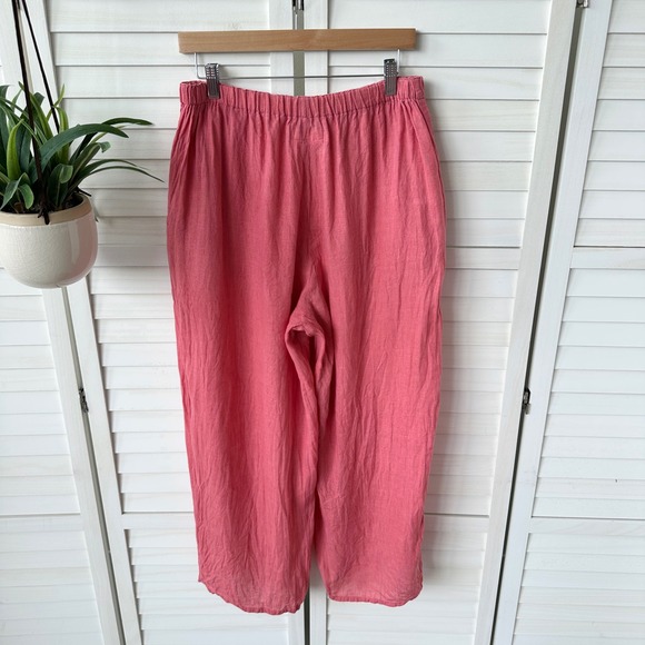 FLAX Linen Pants Pink Elastic Waist Wide Leg Crop Pants Floods Canada Size M - Picture 4 of 8